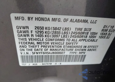 2018 Honda Pilot Ex-L из США, поврежденный, VIN 5FNYF6H54JB008027